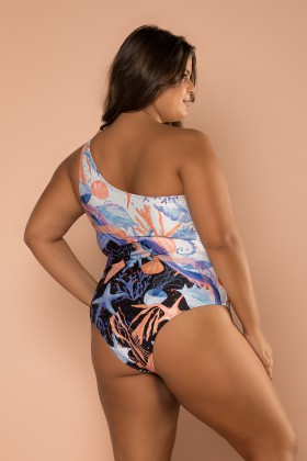 Body Maiô Um Ombro Só Com Estampa Fundo Do Mar E252
