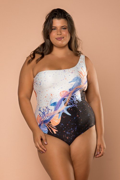 Body Maiô Um Ombro Só Com Estampa Fundo Do Mar E252