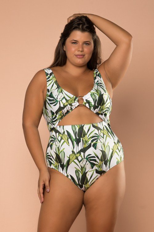 Body Maiô Sublimado Com Bojo Removível Com Detalhe Em Argola E Abertura Na Frente Com Estampa De Fundo Branco E Folhas Em Tons De Verde E256
