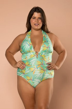 Body Maiô Sublimado Com Bojo Removível Com Decote E Detalhe Em Argola E Estampa De Fundo Verde E Folhas Coloridas E244