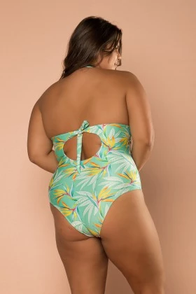 Body Maiô Sublimado Com Bojo Removível Com Decote E Detalhe Em Argola E Estampa De Fundo Verde E Folhas Coloridas E244