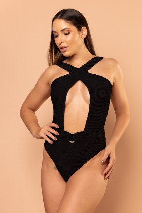 Body Maiô Com Textura Cinto Detalhe Em Argola Preto
