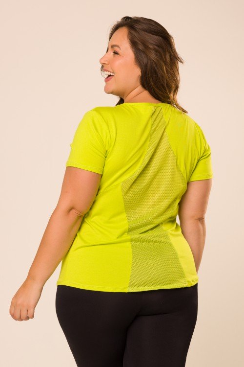 Blusa Manga Curta com Detalhe em Tela nas Costas Verde Limão