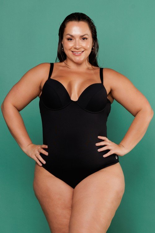 Body Maiô Com Bojo Meia Taça Preto Com Laço Na Parte de Trás