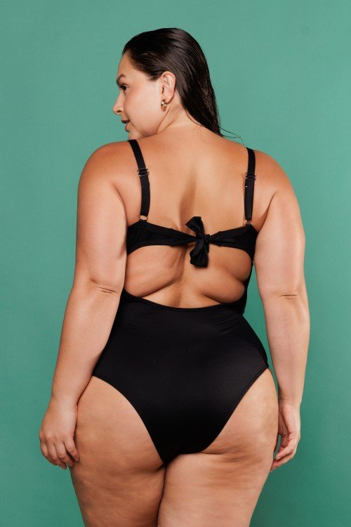 Body Maiô Com Bojo Meia Taça Preto Com Laço Na Parte de Trás