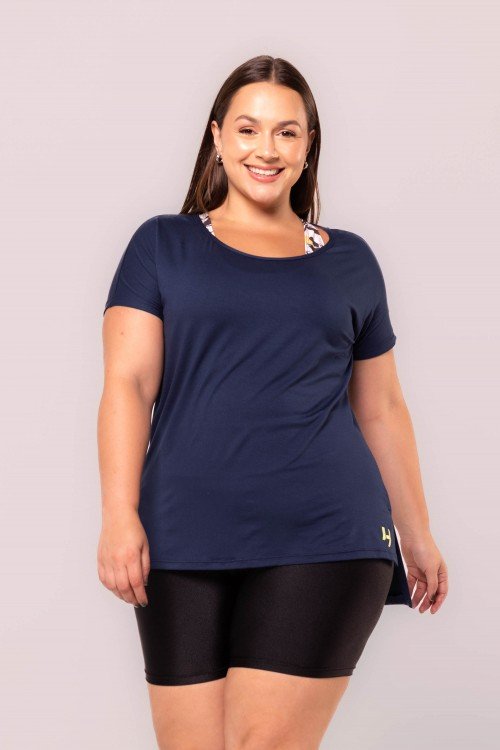 Blusa Alongada Em Gola Canoa Viscose Azul Marinho