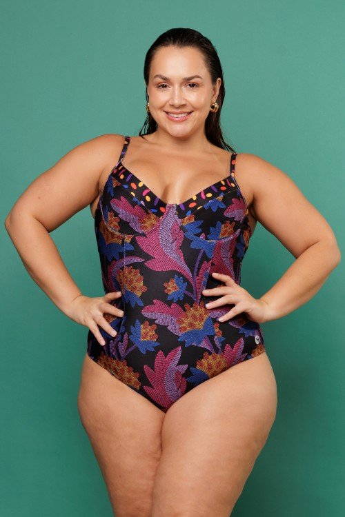 Body Maiô Meia Taça com Aro Estampa Pontilhismo