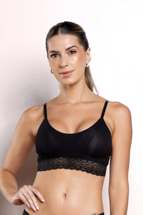 Sutiã Top Viscose Basic Detalhe em Renda Preto