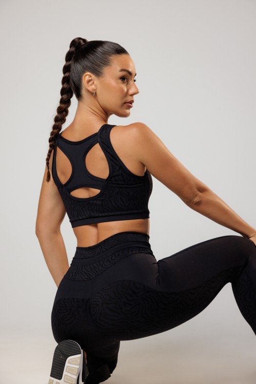 Top Fitness Decote Quadrado Com textura Preto