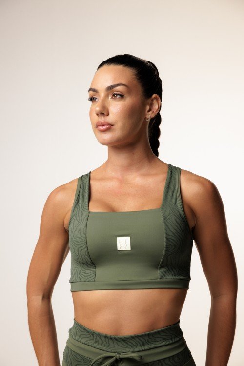 Top Fitness Decote Quadrado Com textura Verde Escuro