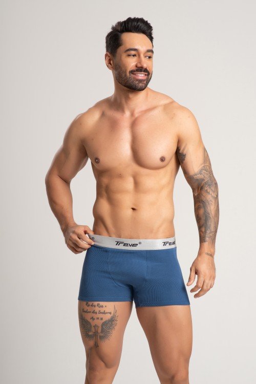 Cueca Boxer Fibra de Bambu Canelado Azul Médio
