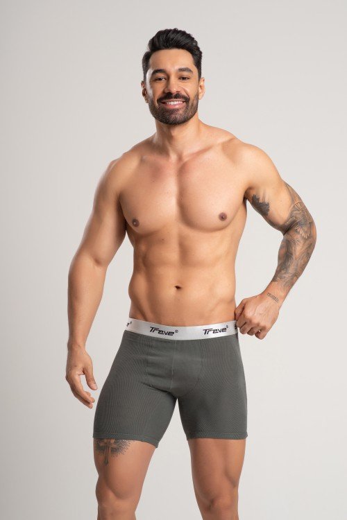 Cueca Boxer Long Fibra de Bambu Canelado Cinza