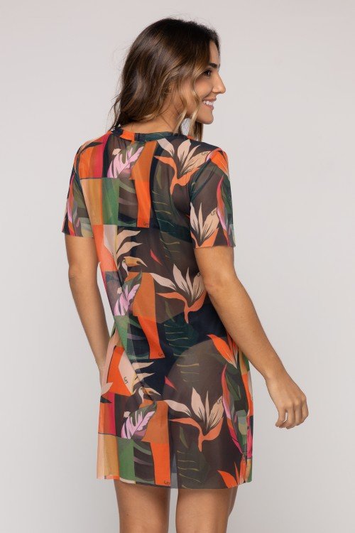 Vestido de Tule Estampa Botânica