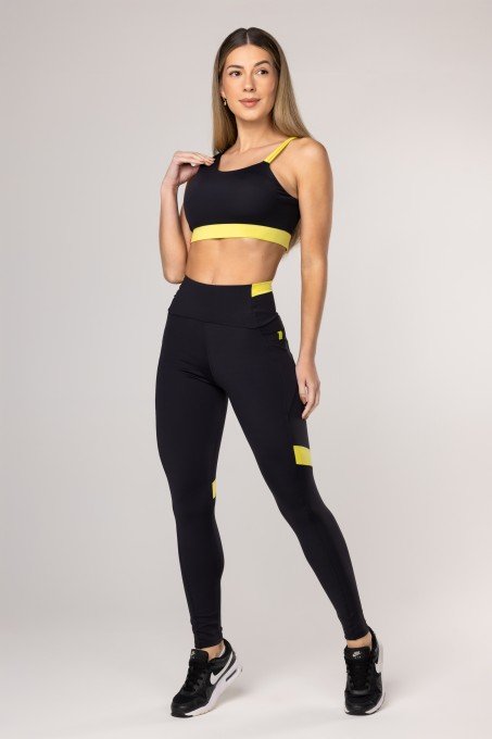 Calça Legging com Bolso Preta/Verde Lima