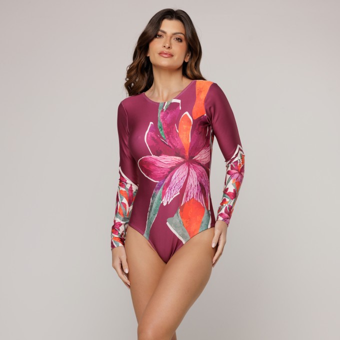 Body Maiô Manga Longa Estampa Flower