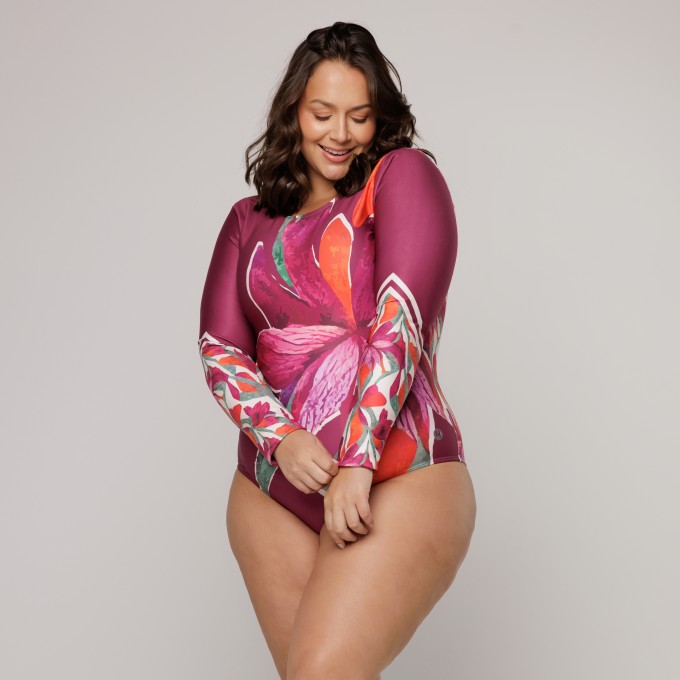 Body Maiô Manga Longa Estampa Flower