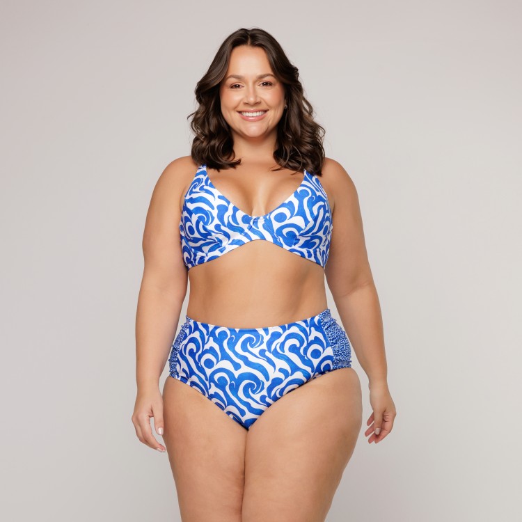 Calcinha Biquini Cintura Alta Franzido Lateral Estampa Wave