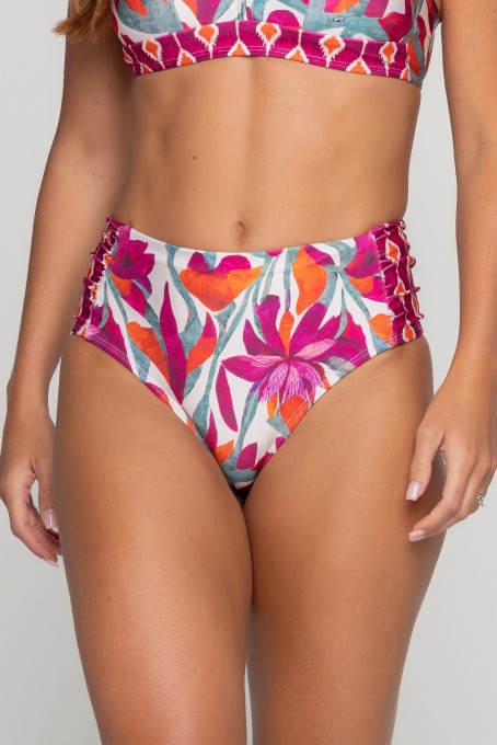 Calcinha Biquini Cintura Alta Franzido Lateral Estampa Flower