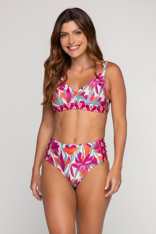 Calcinha Biquini Cintura Alta Franzido Lateral Estampa Flower