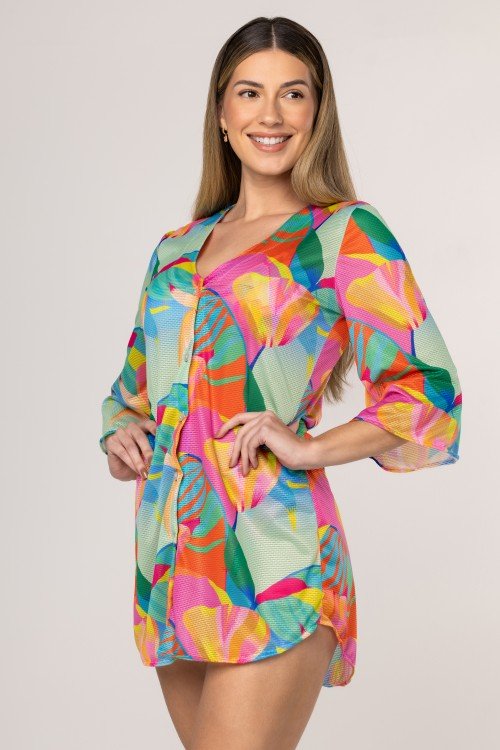 Saída De Praia Kaftan Curto Estampa Solar
