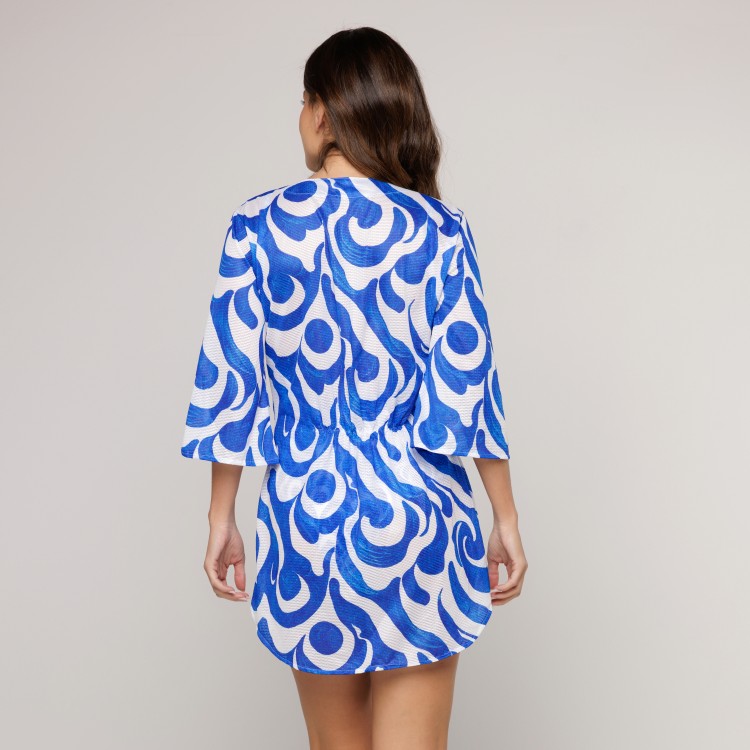 Saída De Praia Kaftan Curto Estampa Wave