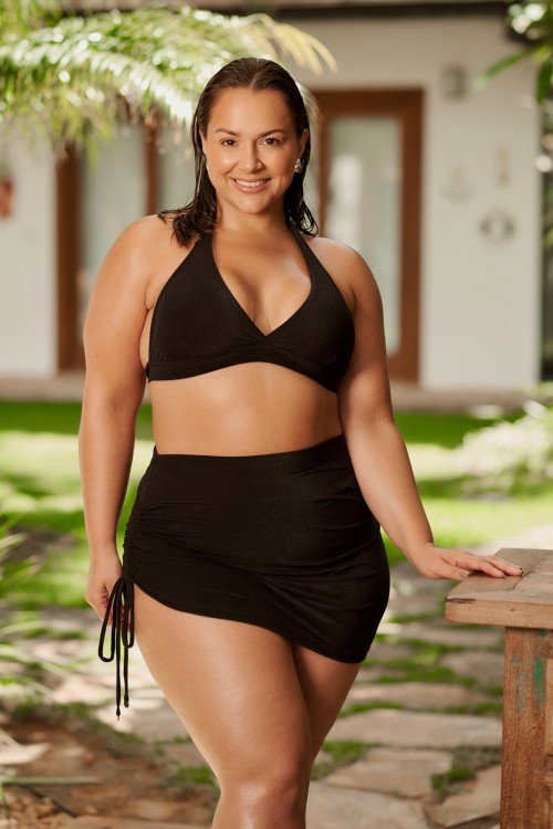 Saia Com Detalhe Franzido Na Lateral Preto Brilho