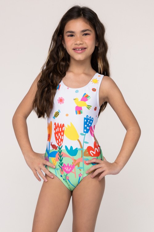 Body Maiô Infantil Engana Mamãe Estampa Jardim