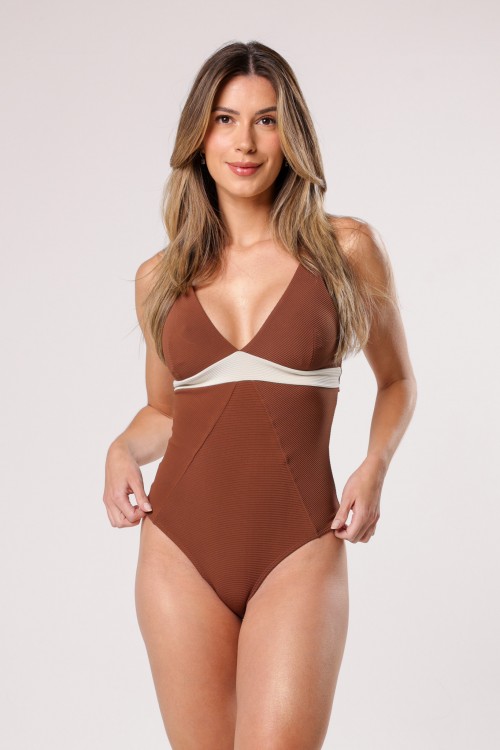 Body Maiô Canelado Com recorde Diagonal Comfy Marron