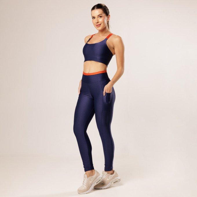 Calça Legging com Bolso Canelado Azul Marinho