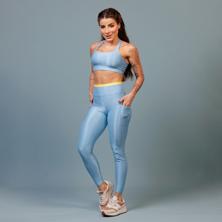 Calça Legging com Bolso Canelado Azul Claro