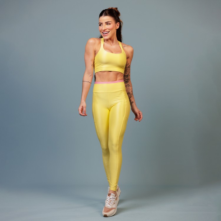 Calça Legging com Bolso Canelado Amarelo Claro