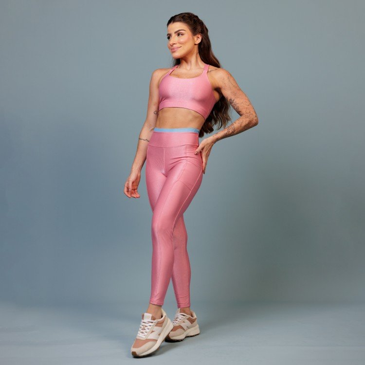 Calça Legging com Bolso Canelado Rosa Claro