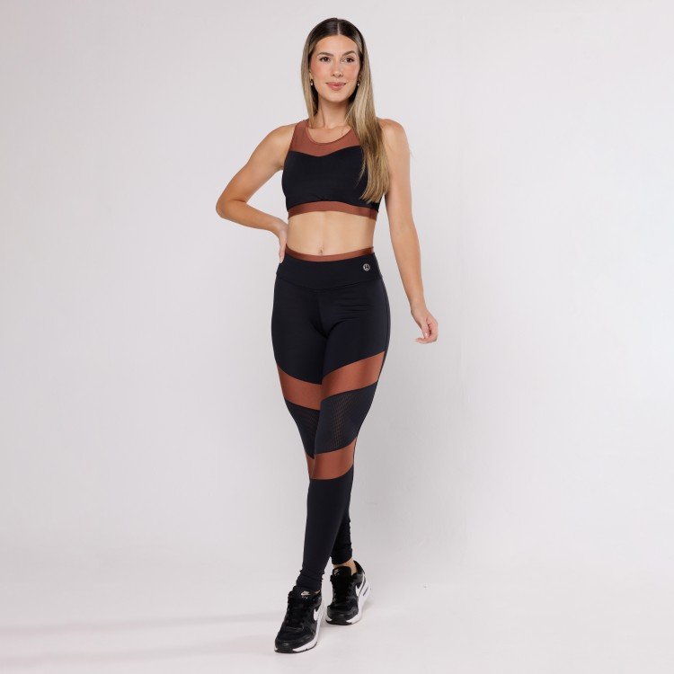 Calça Legging Preta com Detalhe Cobre e Tela