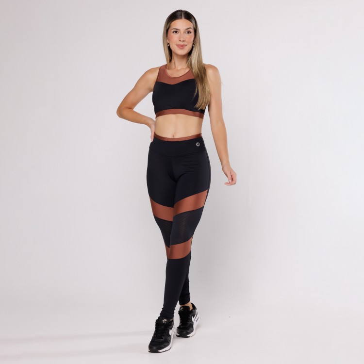 Calça Legging Preta com Detalhe Cobre e Tela