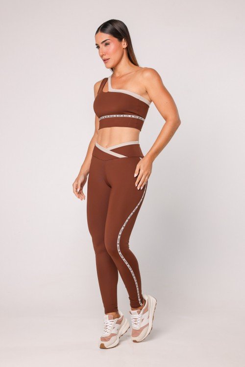 Legging Bicolor Cós Transpassado com Elástico Personalizado Marrom