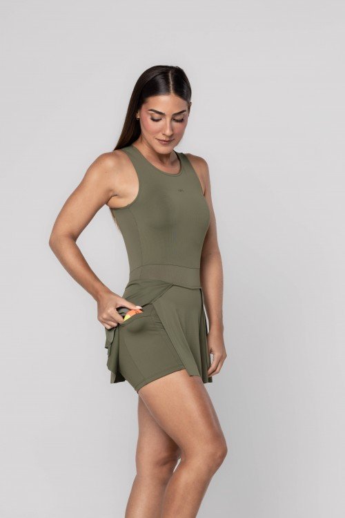 Vestido Macaquinho Saia Transpassada Verde Escuro