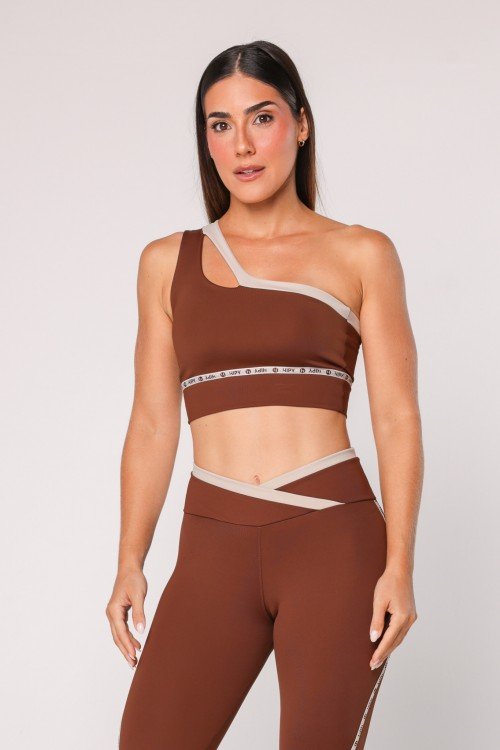 Top Fitness Ombro Só com Decote Assimétrico Marrom