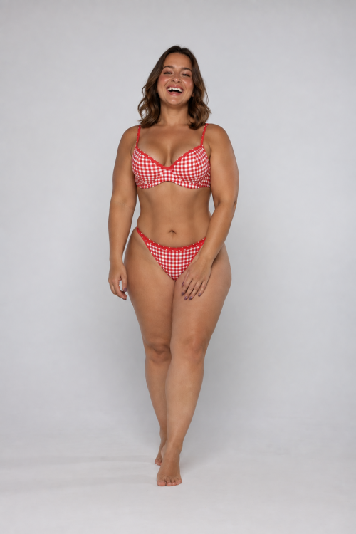 Top Biquini Meia Taça Com Aro Xadrez Vermelho