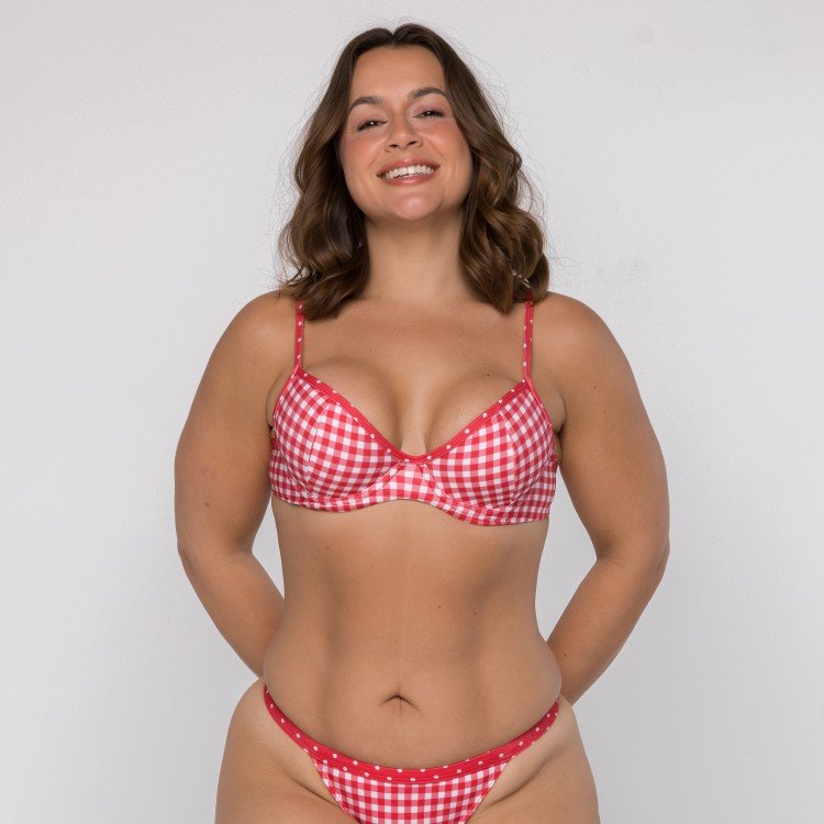 Top Biquini Meia Taça Com Aro Xadrez Vermelho