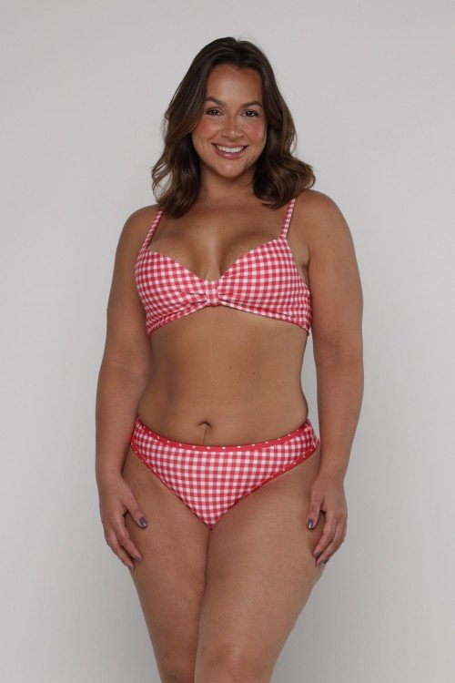 Top Biquini Decote com Franzido Xadrez Vermelho