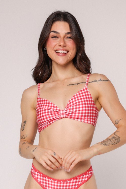 Top Biquini Decote com Franzido Xadrez Vermelho