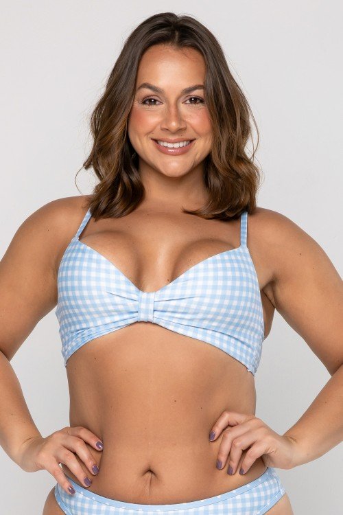 Top Biquini Decote com Franzido Xadrez Azul