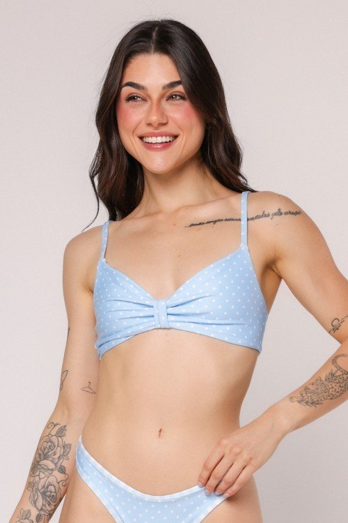 Top Biquini Decote com Franzido Xadrez Azul