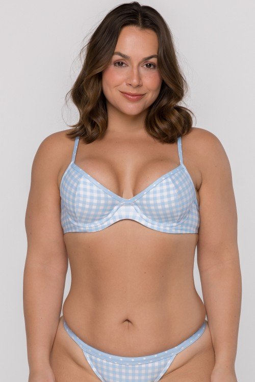 Top Biquini Meia Taça Com Aro Xadrez Azul