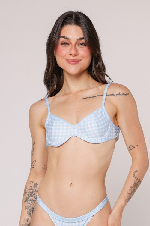 Top Biquini Meia Taça Com Aro Xadrez Azul