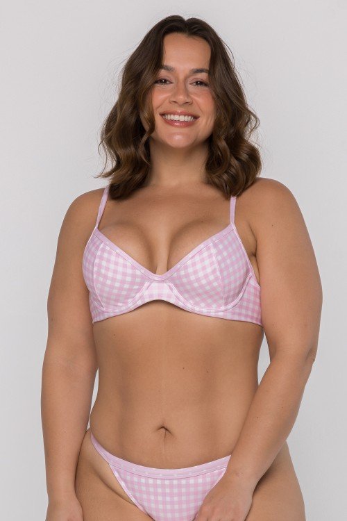 Top Biquini Meia Taça Com Aro Xadrez Rosa
