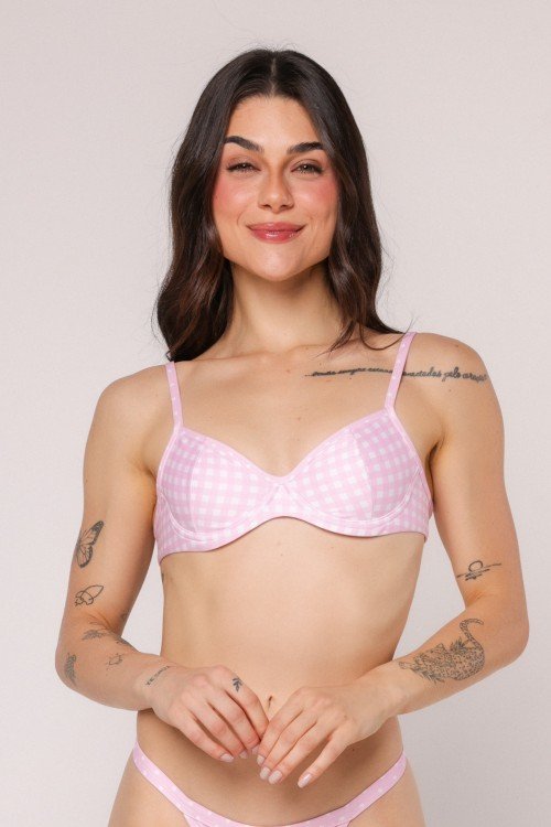 Top Biquini Meia Taça Com Aro Xadrez Rosa