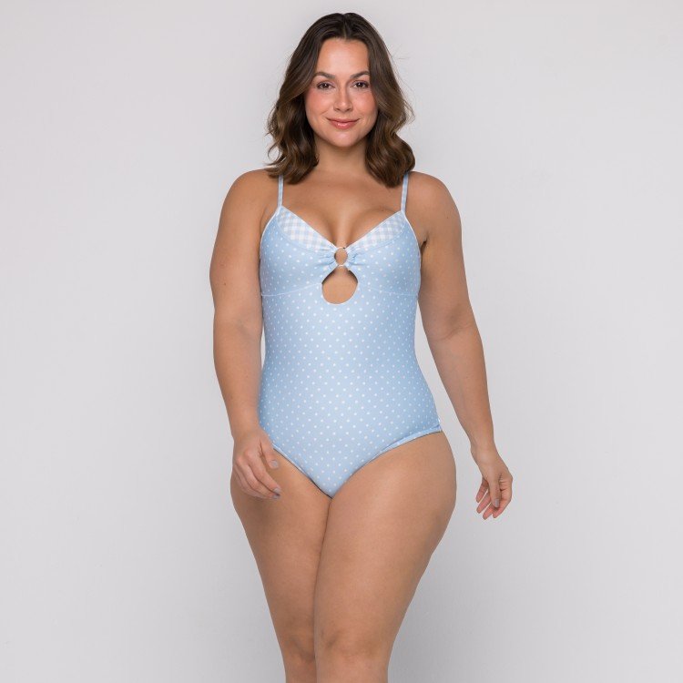 Body Maiô com Argola no Decote Poá Azul