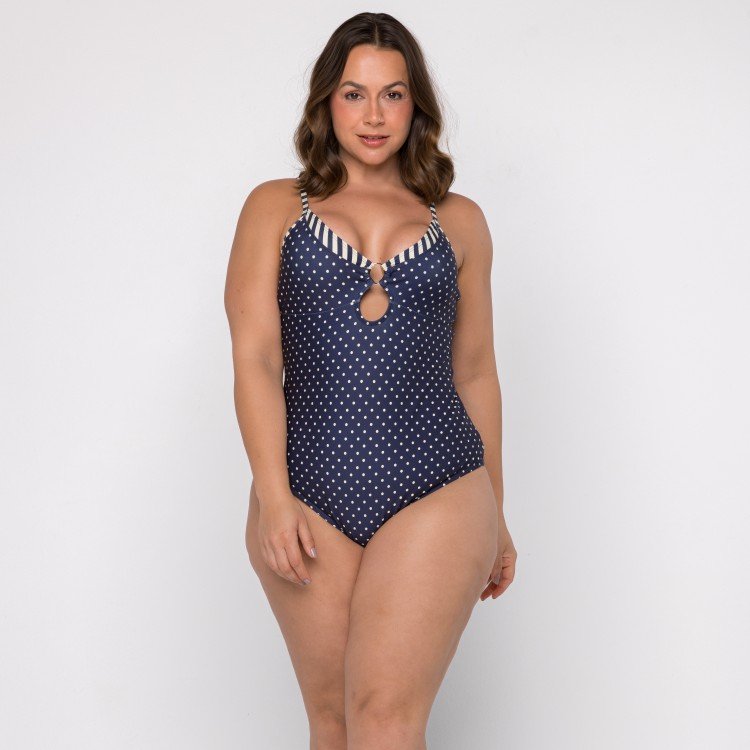 Body Maiô com Argola no Decote Poá Azul Marinho