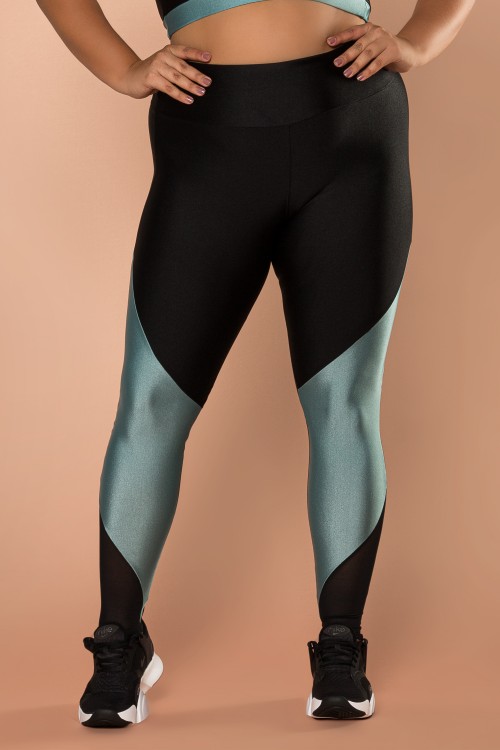 Calça Legging Preta Com Tecido Brilhoso E Recortes Azul Claro Com Detalhe Em Tela Preto